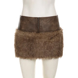 Bjlxn Leather Fur Mini Skirt Cute Sexy Dress Y2K Streetwear Women Winter Clothes High Waist Pencil Short Furry Mini Club Skirts