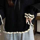 Bjlxn Sweet Ruffles Women Sweaters Contrast Color Peter Pan Collar Sweet Pullovers Autumn Winter Korean Style Pull Femme