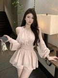 Bjlxn Sweet Bubble Sleeve Two Piece Set Women Off Shoulder Blouse Hollow Out Elegant Shirts Loose High Waist Shorts Summer Suits