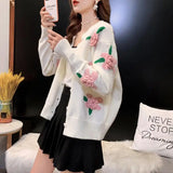 Bjlxn Sweater Female Spring and Autumn Knitwear Women Heavy Industry Rose Blossom Embroidery Contrast Sweater Coat Cardigan