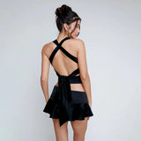 Bandage A-Line Skirts 2 Piece Sets Club Outfits for Women Sexy Halter Crossed Ties Top and Skirt Matching Sets