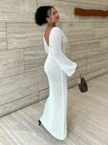 Bjlxn - White Knit Fashion Cover up Maxi Dress Female See-Through V-Neck Hollow Out Beach Holiday Dress Knitwear Backless Dress