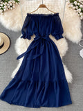 Bjlxn Beach Dress Women Sexy Off The Shoulder Slash Beach Chiffon Dresses Ladies Elegant A Line Bandage Party Dress Long Robe