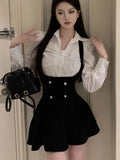 Bjlxn Y2K 3 Piece Set Women Cropped Coat + Long Sleeve Shirt + High Waist Halter Ruffles Mini Dress Korean Chic Fashion Sexy Outfits