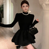 Bjlxn Elegant Knitted Short Dresses for Women  Half High Collar Long Sleeve Ruffles A-line Korean Fashion Autumn New Y2K Solid Vestido