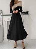 Korean style Sweet Women Long Sleeve V-neck Slim Dress Spring Autumn New Chic Irregular Knitted Stitching A-line Dresses