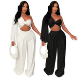 Bjlxn Ladies Sexy Two Piece Pant Set Outfits Matching Set Women Wide Leg Pants One Shoulder Tops 2 Piece Sets Elegant Luxury Outfits