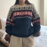 Bjlxn Korean Lazy Style Sweater Woman 2025 Outerwears Hit Color Jacquard Pullovers Loose Knitted Ropa Mujer Autumn Winter Clothes