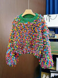 Bjlxn Fringe Crochet Jumper Rainbow Color Handmade Sweater Crew Neck Thick Needles Knit Pullover Knitwear Autumn/Winter Women Clothing