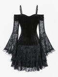 Bjlxn  Punk Dresses For Girls Black Gothic Flare Sleeves Cold Shoulder Floral Lace Mesh Flocking Velvet Patchwork Ruched Dress