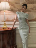 Bjlxn Elegant Off Shoulder Evening Party Dresses for Women Summer New Fashion Slim Solid Vestidos Korean Prom Robe Female Clothing