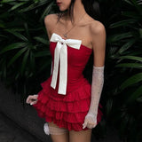 Elegant Bow Detail Sexy Strapless Two Piece Sets Club Outfits for Women Ruffle Red Top and Skirt Matching Sets New