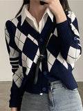 Japanese School Uniform Ladies Sweaters Cute Top Argyle Cropped Cardigan V Neck Preppy Style Knit Sweater Pull Femme