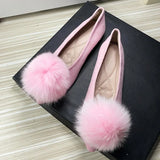 Bjlxn Women Flats Furry Ball Sweet Flat Shoes for Women Spring Summer Casual Shoes Slip on Loafers Scoop Shoes Soft Sole Comfortable