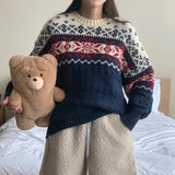 Bjlxn Korean Lazy Style Sweater Woman 2025 Outerwears Hit Color Jacquard Pullovers Loose Knitted Ropa Mujer Autumn Winter Clothes