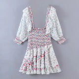 Bjlxn Floral Prints Ruffled Holiday Dress Square Neck Smocked Sexy Laides Dress Mini Dress Autumn