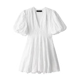 Bjlxn Ladies Solid Embroidered Short Style Elegant Summer Dresses Women White Casual Streetwear Mini Dress Female Robes Femme Vestidos