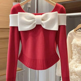 Bjlxn Small Fragrant Style Top Autumn Winter Korean Wear Lazy Style High End Pullover Thin Red Bow Knitted Sweater Women