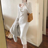 Bjlxn Autumn Winter New Knitted Dresses for Women Solid Square Collar Slim Bodycon Vintage Chic Korean Fashion Midi Vestidos Mujer