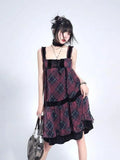 Bjlxn Gothic Plaid Spaghetti Strap Dress Women With Necklace Sleeveless Summer Sexy Lace Up Sling Lady Street Vestidos Y2k