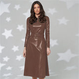 New Fashion Belt Faux Leather Dresses Women Long Sleeve Slim Fit PU Dress Sexy Club Wear New Arrival Autumn Winter