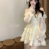 Bjlxn Elegant Mini Dresses Woman Solid Off Shoulder Ruffles A-line Long Sleeve Lace-up Short Party Dress Korean Fashion One Piece New