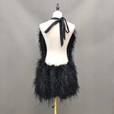 Bjlxn Lady Fashion Summer Feather Dress Sexy Backless Women's Dress Strap Medium Length Ostrich Feather S5659