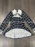 Bjlxn Harajuku Sweet Bow Black Plaid Dresses All-match Slim Fit Kawaii Lolita Dress for Women Autumn New Long Sleeve Vestidos De Mujer