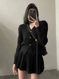 Bjlxn Casual Knitted 2 Piece Set Single Breasted V-neck Top + High Waist Mini Pleated Skirt Autumn Spring Korean Fashion Solid Outfits