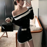 Bjlxn Elegant Slash Neck Knitted Dress Women Long Sleeve Bodycon Mini Dresses Korean Fashion Autumn Winter New Slim Casual Vestidos