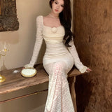 Bjlxn Autumn Sexy Lace Maxi Dresses for Women Off Shoulder Fishtail Bodycon Mermaid Birthday Evening Party Prom Robe Vestidos Mujer