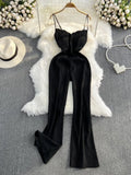 Bjlxn Women Elegant Black Playsuits Summer Sexy V-neck High Waisted Jumpsuit Female Loose Flared Wide Leg Long Pants Romper