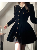 Bjlxn Autumn Black Velvet Dresses for Women Long Sleeve Single Breasted Evening Party Dress Korean Fashion A-line Vestido Mujer New