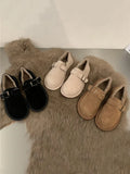 Bjlxn Shoes Woman Flats Round Toe Casual Female Sneakers Slip-on Loafers Fur Dress Winter Retro Slip On New Lace-Up Rubber Flock Leisu