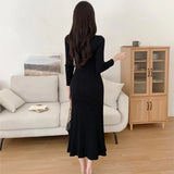 Bjlxn Korean Chic Knitted Dresses for Women V-neck Long Sleeve Slim Bodycon Ruffles Party Dress Casual Autumn Winter New Vestidos