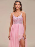 Elegant Evening Dresses Spaghetti Straps Asymmetric Sequin Tulle Floor-Length 2024 Ever Pretty of Pink Bridesmaid dresses