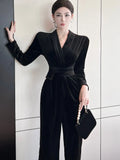 Bjlxn Women Spring New Elegant Long Sleeve Vintage Velvet Bodycon Jumpsuit Office Lady Casual Slim Clothing