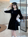 Bjlxn Woman Spring Summer New Elegant Velvet Mini A-line Dresses Long Sleeve  Party  Fashion One Piece Robe