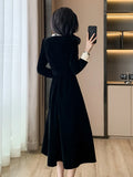 Bjlxn Woman Spring Summer New Elegant Velvet Patchwork Midi A-line Dresses Office Lady Long Sleeve Party Fashion One Piece Robe