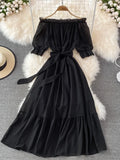 Bjlxn Beach Dress Women Sexy Off The Shoulder Slash Beach Chiffon Dresses Ladies Elegant A Line Bandage Party Dress Long Robe