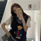 2023 Autumn Winter Women's Vest Japanese Style Cartoon Bear Pullover Vest Sweater Oversize Harajuku Kawaii Clothes Knitted Vest