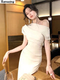 Bjlxn Women Elegant Solid Long Dress Summer Fashion Off Shoulder Chic Bodycon Evening Party Dresses Korean One Piece Clothing 2024