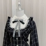 Bjlxn Harajuku Sweet Bow Black Plaid Dresses All-match Slim Fit Kawaii Lolita Dress for Women Autumn New Long Sleeve Vestidos De Mujer