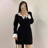 Bjlxn Korean Chic Mini Dresses Women Turn-down Collar Long Sleeve Shirt Patchwork Autumn Winter Knitted Dress Casual Fashion Vestidos