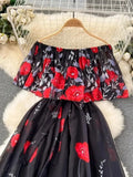 2024 Summer Gorgeous Flower Chiffon Holiday Dress Women's Sexy Off The Shoulder Flower Print Elastic Waist Pleated Maxi Robe