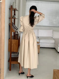 Spring French Robe V-neck Fold Waist Slim Dress Women Puffed Sleeve Solid Color Mid-length Dresses for Women Vestidos