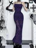 Bjlxn Vintage Elegant Purple Flocking Dress Women Dark Gothic Aesthetic Strapless Bodycon Dress Sexy Evening Party Dress Femme