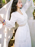 Bjlxn Bohemian White Beach Dress Women Elegant Party Dresses Spring Auutm V-neck Sexy Hollow Out High Waist Long Robe Vestidos