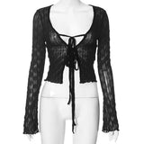 Bjlxn Goth Dark Folds Mall Gothic Lace Up Sexy Blouses Grunge Y2k Fairycore Long Sleeve T-shirts Female Transprent Skinny Fashion Tops