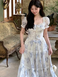 Bjlxn French Vintage Chiffon Floral Midi Dresses for Women Ruffles A-line Birthday Party Dress Elegant Prom Robe Summer New Vestidos